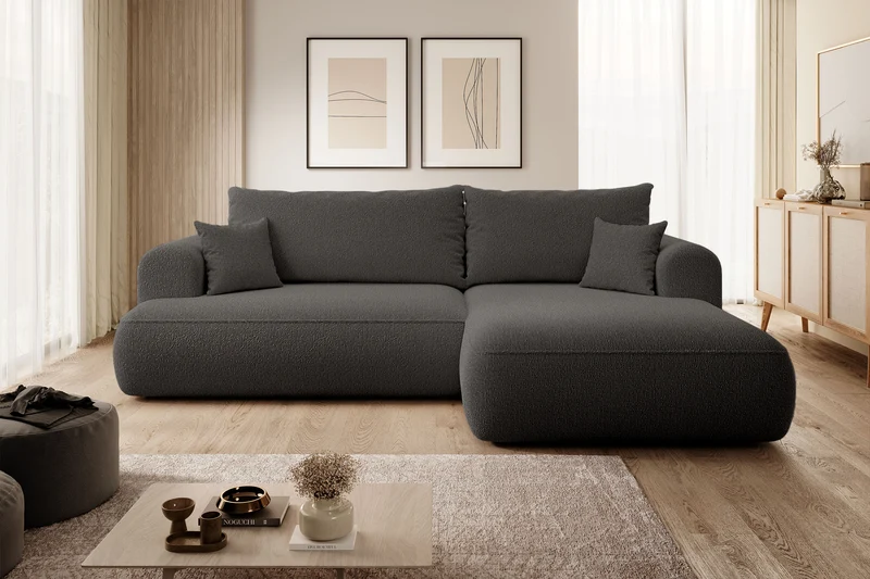 Ecksofa mit Schlaffunktion Ovo, L-förmig, dunkelgrau mit Stauraum, Bouclé, rechtsseitig
