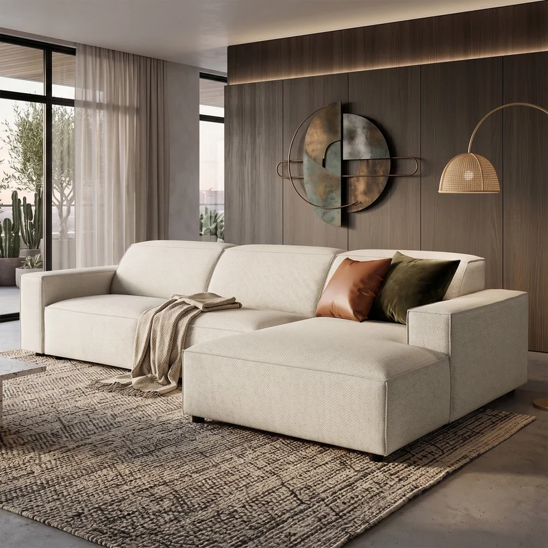 Modulares Ecksofa Sellmo, L-förmig, rechtsseitig, cremefarben, hydrophober Chenille-Stoff
