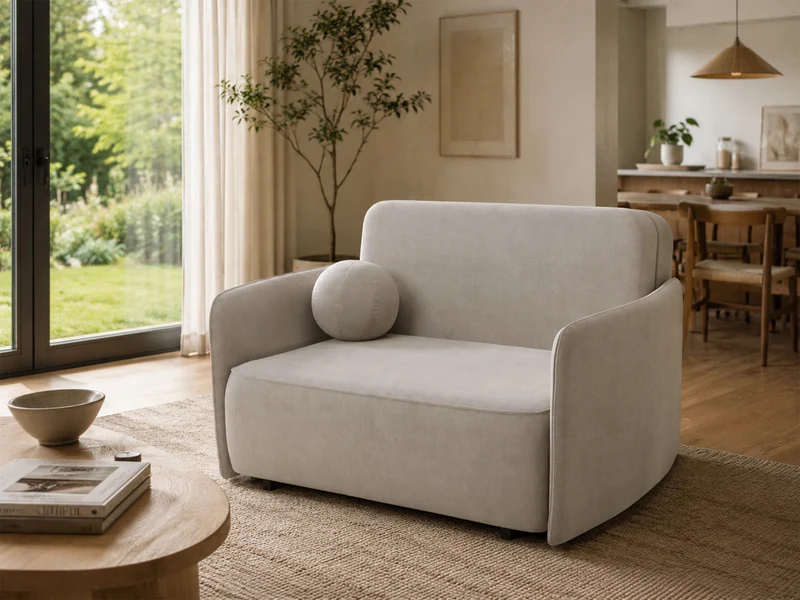 Zweisitziges ausklappbares Sofa Paxi 145 cm mit Stauraum, hellbeiger Chenille-Bezug