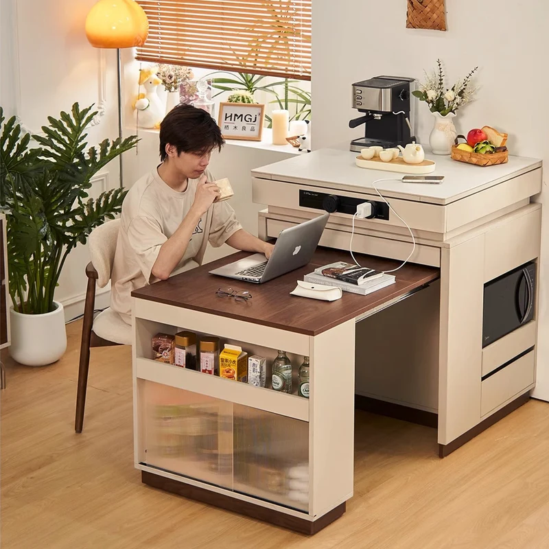 Multifunktionaler ausziehbarer Kücheninseltisch mit verschiebbarer Arbeitsplatte und großem Stauraum