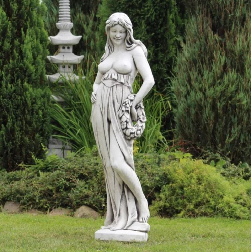 Casa Padrino Jugendstil Garten Deko Skulptur Frau mit Kranz Grau H. 150 cm - Elegante Garten Deko Stein Figur - Barock & Jugendstil Garten Deko Accessoires