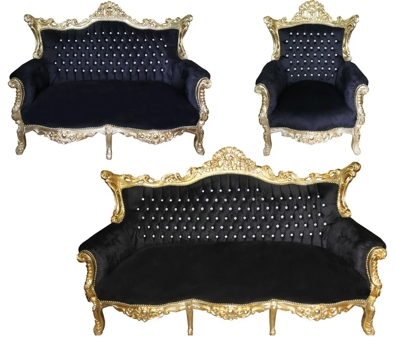 Casa Padrino Barock Wohnzimmer Set Master Schwarz/Gold mit Glitzersteinen - 3er Sofa, 2er Sofa und 1 Sessel