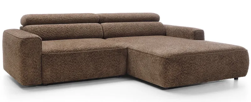 Ecksofa Fando mit elektrisch ausziehbarer Sitzfläche, L-förmig, rechtsseitig, brauner Chenille-Stoff