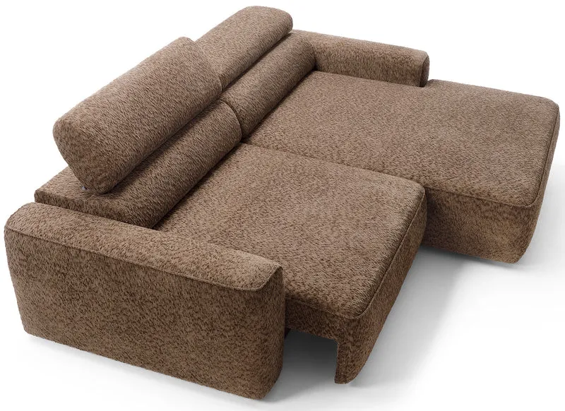 Ecksofa Fando mit elektrisch ausziehbarer Sitzfläche, L-förmig, rechtsseitig, brauner Chenille-Stoff