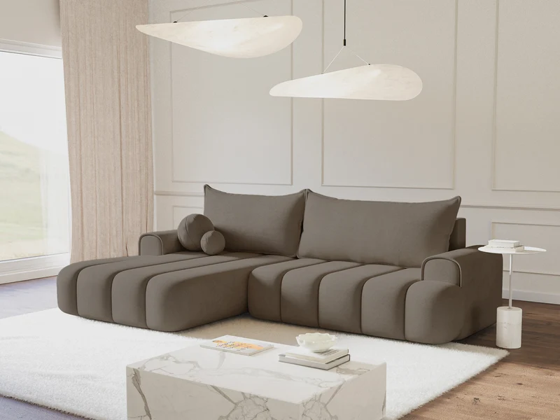 Ecksofa mit Schlaffunktion Dandelino, L-förmig, linksseitig, mit Stauraum, dunkelbeiger Samt