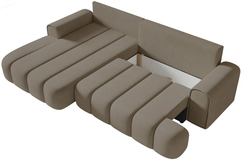 Ecksofa mit Schlaffunktion Dandelino, L-förmig, linksseitig, mit Stauraum, dunkelbeiger Samt