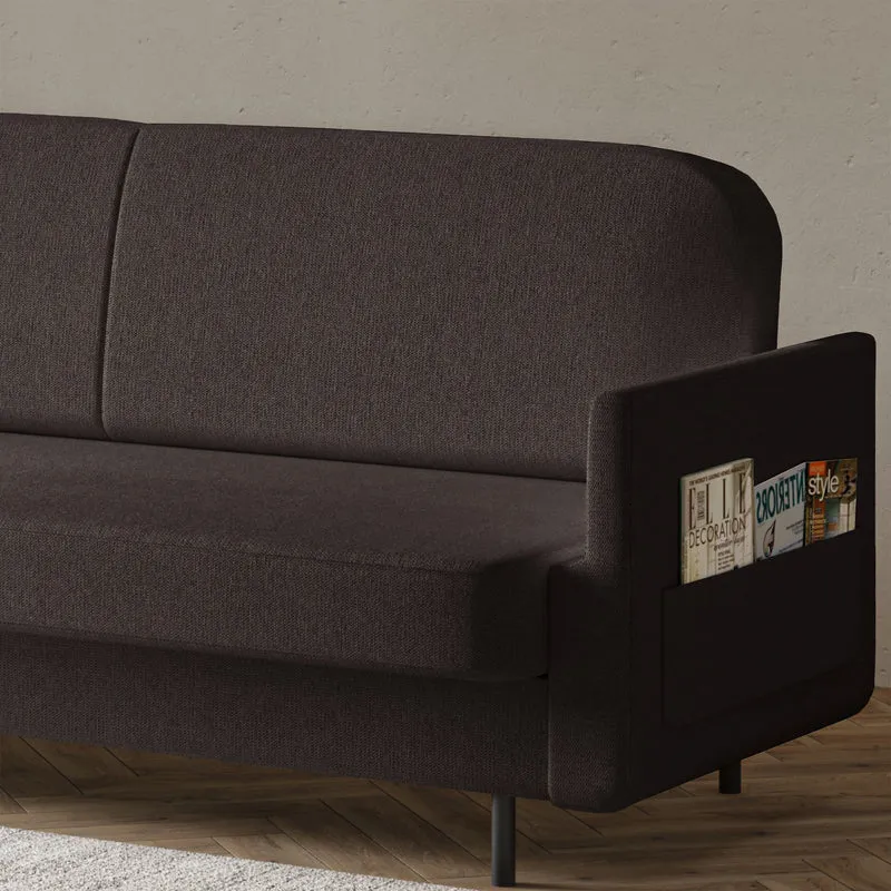Dreisitziges ausklappbares Sofa Ovelio in braunem, hydrophobem Chenille-Stoff