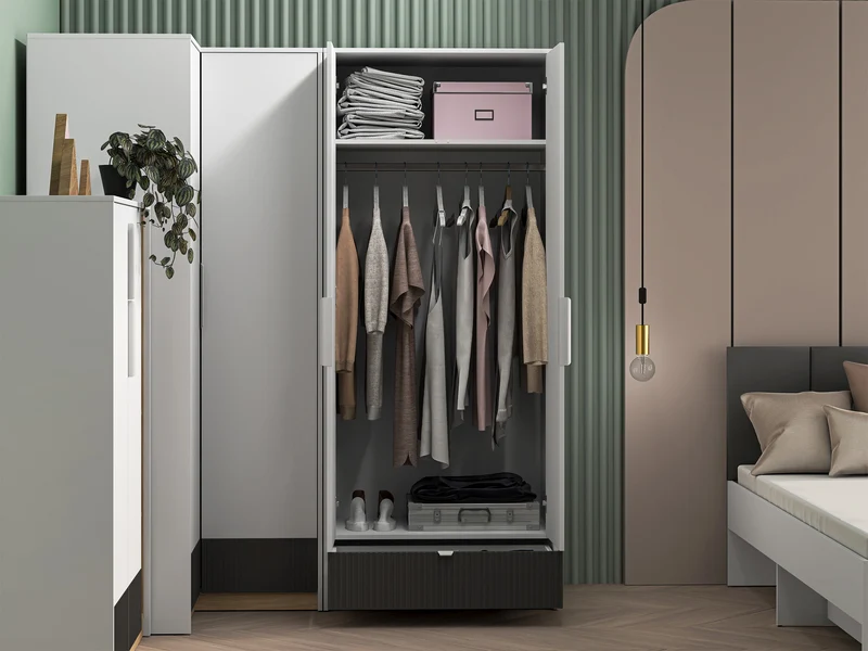 Jugendzweitüriger Kleiderschrank Torino mit geriffelter Schublade, 82 cm, Honey Castello Eiche/Alpenweiß/Grafit