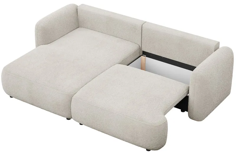 Ecksofa mit Schlaffunktion Tvoya, L-förmig, linksseitig, hellbeige Bouclé