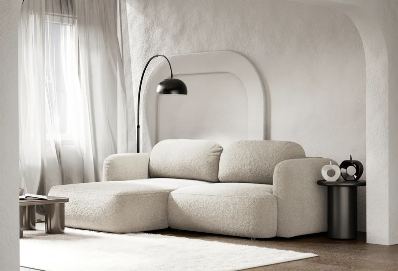 Ecksofa mit Schlaffunktion Tvoya, L-förmig, linksseitig, hellbeige Bouclé