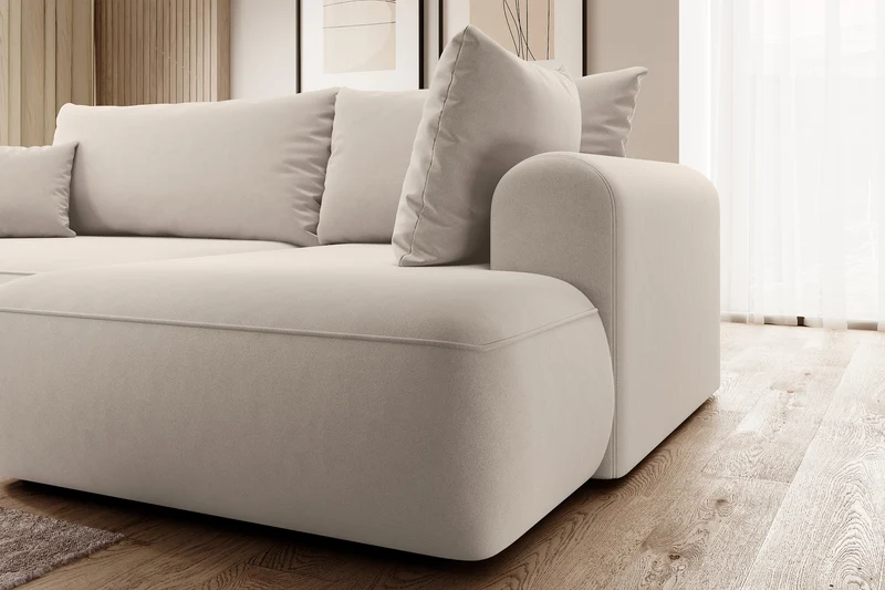 Ecksofa mit Schlaffunktion Ovo, L-förmig, mit Armlehne und Stauraum, hellbeiger, pflegeleichter Velours, rechtsseitig