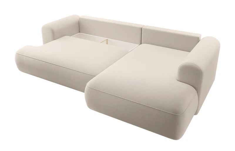 Ecksofa mit Schlaffunktion Ovo, L-förmig, mit Armlehne und Stauraum, hellbeiger, pflegeleichter Velours, rechtsseitig