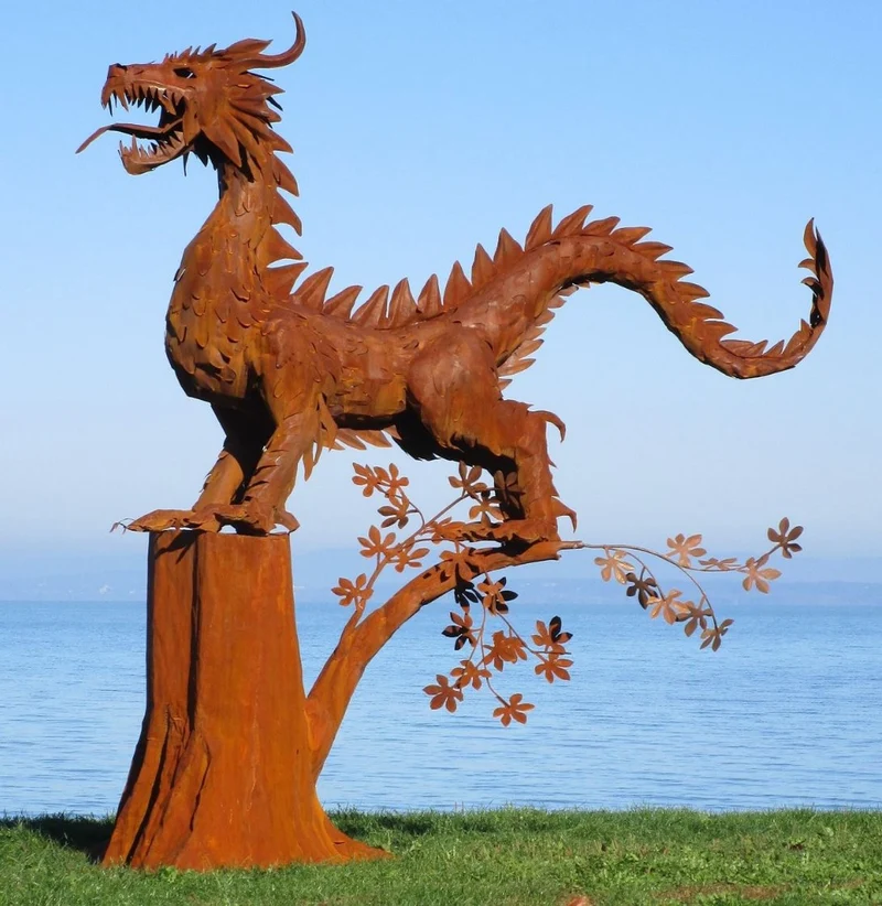 Casa Padrino Luxus Gartendeko Skulptur Drache Rostfarben 290 x 140 x H. 292 cm - Riesige Stahl Deko Figur - Gartenfigur - Hotel Garten Deko