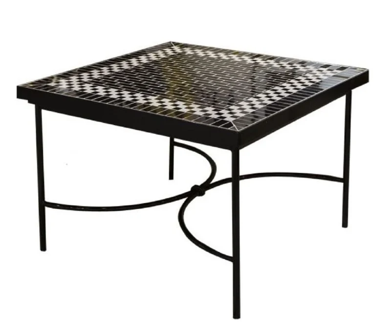 Casa Padrino Luxus Jugendstil Beistelltisch Schwarz / Weiß 60 x 60 x H. 50 cm - Handgefertigter Schmiedeeisen Tisch mit Keramik Fliesen Tischplatte - Wohnzimmer Garten Terrassen Tisch Möbel