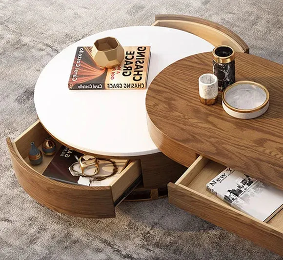 Moderner runder Couchtisch im nordischen Stil mit 4 Schubladen