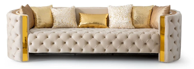 Casa Padrino Luxus Chesterfield 3er Sofa Creme / Gold 260 x 100 x H. 75 cm - Chesterfield Wohnzimmer Sofa - Wohnzimmer Möbel - Chesterfield Möbel - Luxus Möbel - Luxus Einrichtung - Möbel Luxus