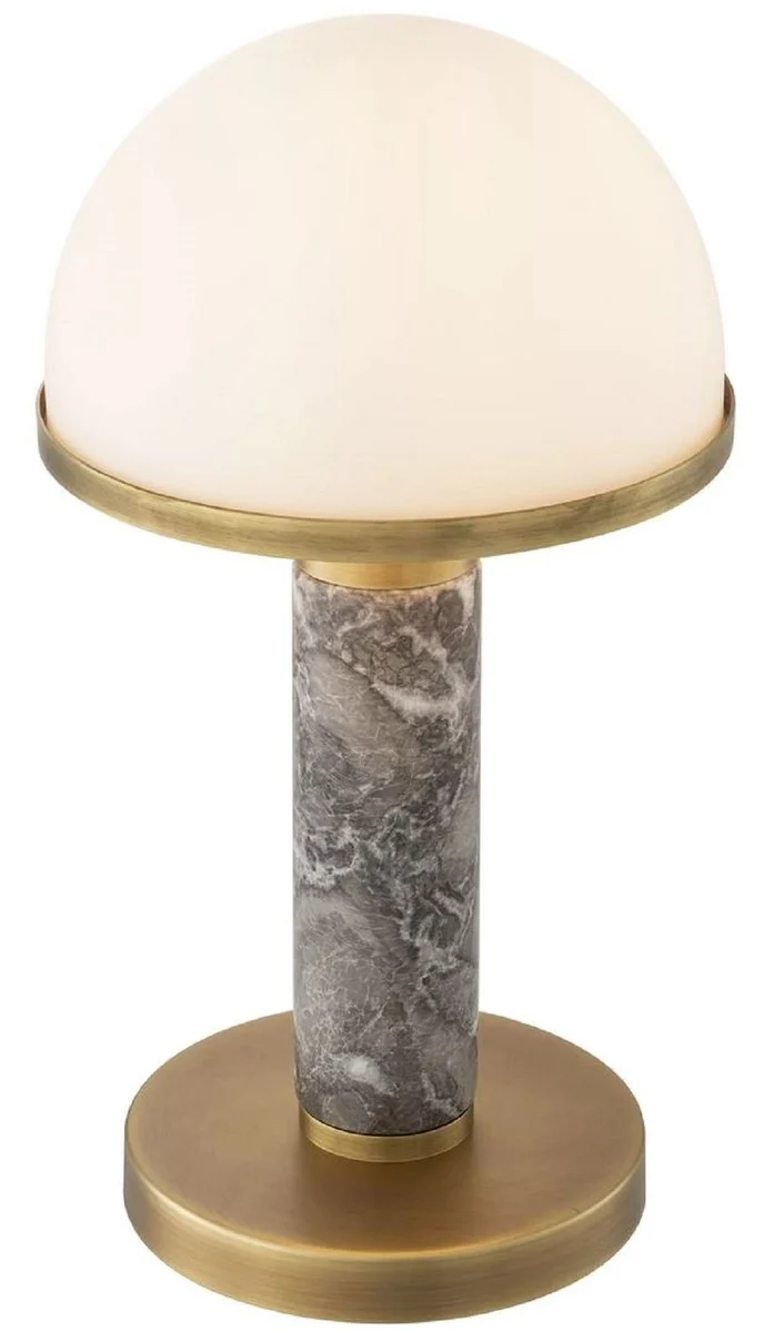 Casa Padrino Luxus Tischleuchte Grau / Antik Messing / Weiß Ø 21 x H. 41 cm - Schreibtischleuchte mit hochwertigem Marmor und Glas Lampenschirm - Luxus Leuchten - Luxus Möbel - Luxus Interior