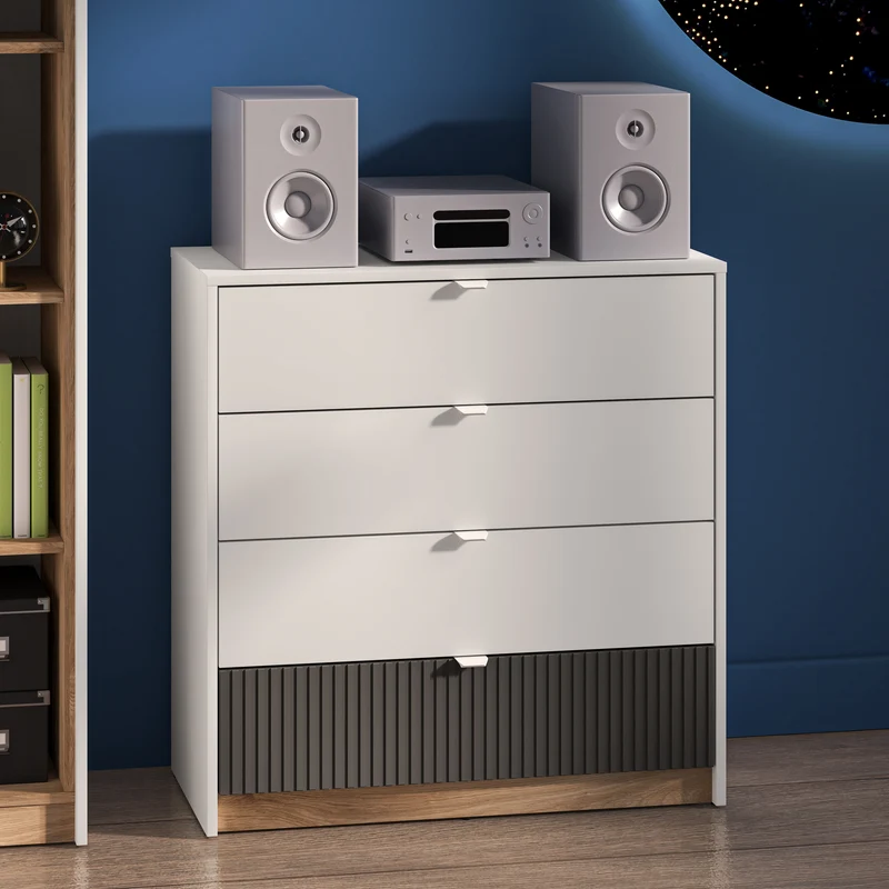 Kommode Torino mit vier geriffelten Schubladen, 82 cm, Eiche Honey Castello/Alpenweiß/Grafit