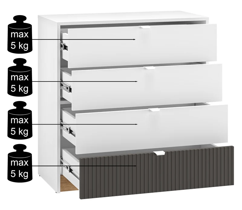 Kommode Torino mit vier geriffelten Schubladen, 82 cm, Eiche Honey Castello/Alpenweiß/Grafit