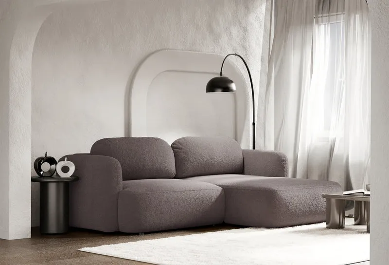 Ecksofa mit Schlaffunktion Tvoya, L-förmig, rechtsseitig, grau-braun Bouclé