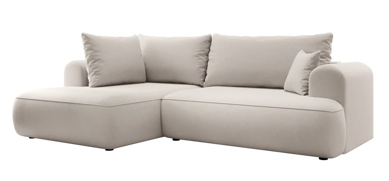 Ecksofa mit Schlaffunktion Ovo, L-förmig, mit Armlehne und Stauraum, cremefarbener, leicht zu reinigender Samt, linksseitig