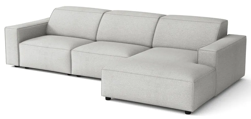 Modulares Ecksofa Sellmo, L-förmig, rechtsseitig, hellgrauer hydrophober Chenillestoff