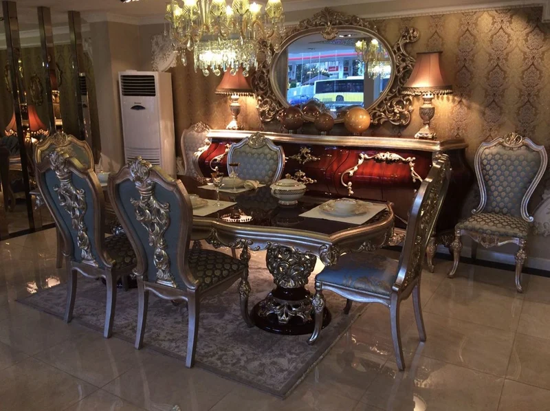 Casa Padrino Luxus Barock Esstisch Dunkelbraun / Silber - Hochwertiger handgefertigter Massivholz Esszimmertisch im Barockstil - Barock Esszimmer Möbel - Edel & Prunkvoll
