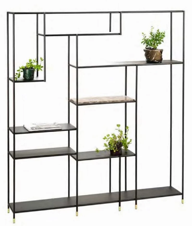 Casa Padrino Luxus Metall Regalschrank mit Emperador Marmorplatte Schwarz / Grau / Messingfarben 180 x 30 x H. 200 cm - Wohnzimmerschrank - Bücherschrank - Metall Möbel