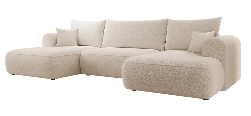 Ecksofa mit Schlaffunktion Ovo U-förmig mit Stauraum, beige Bouclé, universell einsetzbar