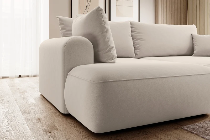 Ecksofa mit Schlaffunktion Ovo, L-förmig, mit Armlehne und Stauraum, hellbeiger, pflegeleichter Velours, linksseitig