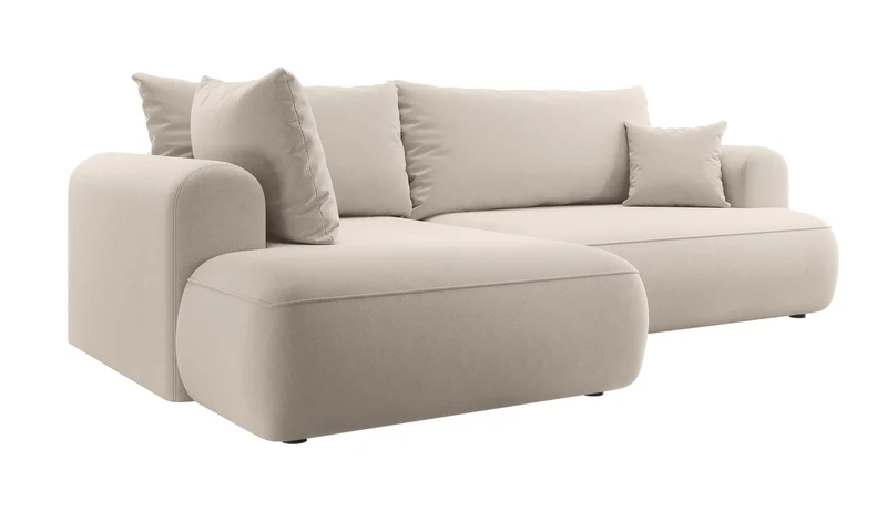 Ecksofa mit Schlaffunktion Ovo, L-förmig, mit Armlehne und Stauraum, hellbeiger, pflegeleichter Velours, linksseitig