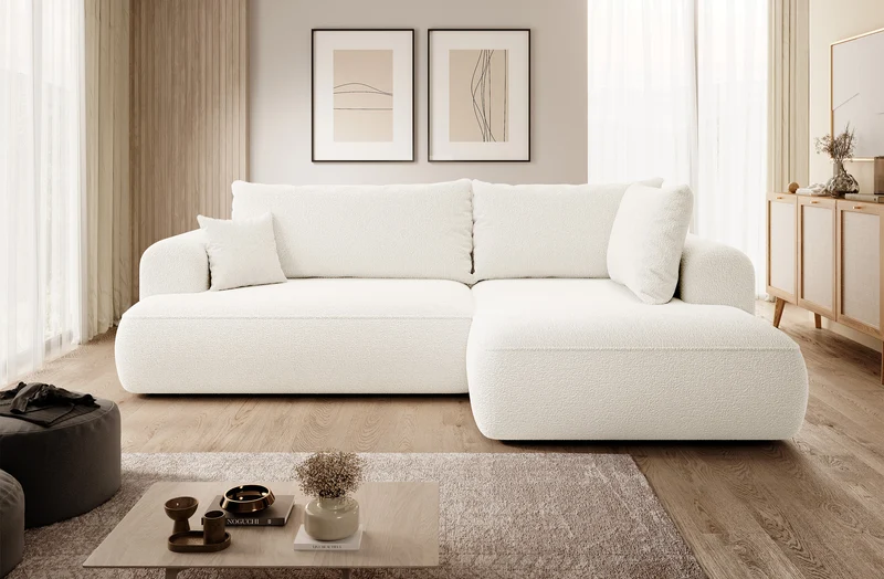 Ecksofa mit Schlaffunktion Ovo, L-förmig, mit Armlehne und Stauraum, cremefarbenes Bouclé, rechtsseitig