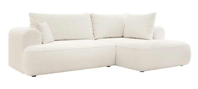 Ecksofa mit Schlaffunktion Ovo, L-förmig, mit Armlehne und Stauraum, cremefarbenes Bouclé, rechtsseitig