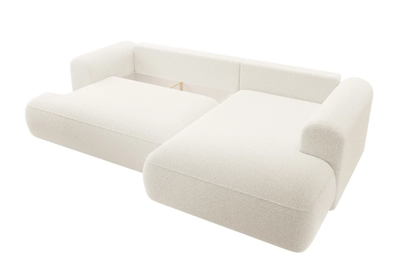 Ecksofa mit Schlaffunktion Ovo, L-förmig, mit Armlehne und Stauraum, cremefarbenes Bouclé, rechtsseitig