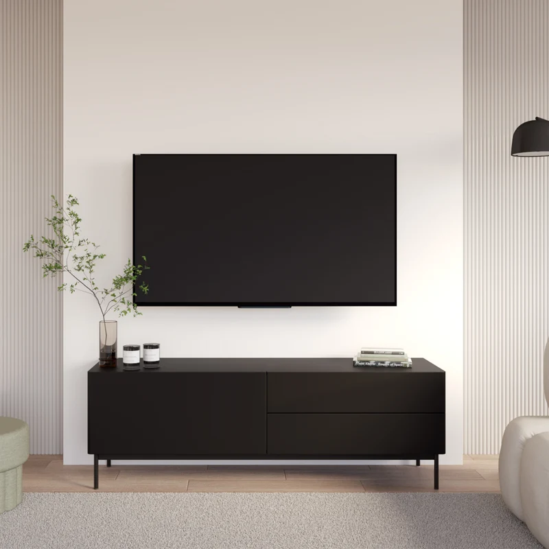 TV-Schrank Olio mit Klappe und zwei Schubladen, 160 cm, schwarz