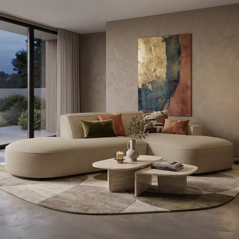 Modulares Ecksofa Sallmo, kleines L-förmiges, rechtsseitiges Modell, dunkelbeige, hydrophober Chenille-Stoff