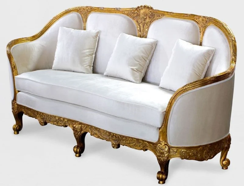 Casa Padrino Luxus Barock Wohnzimmer Sofa Weiß / Gold - Edles Handgefertigtes Antik Stil Sofa - Barock Wohnzimmer Möbel