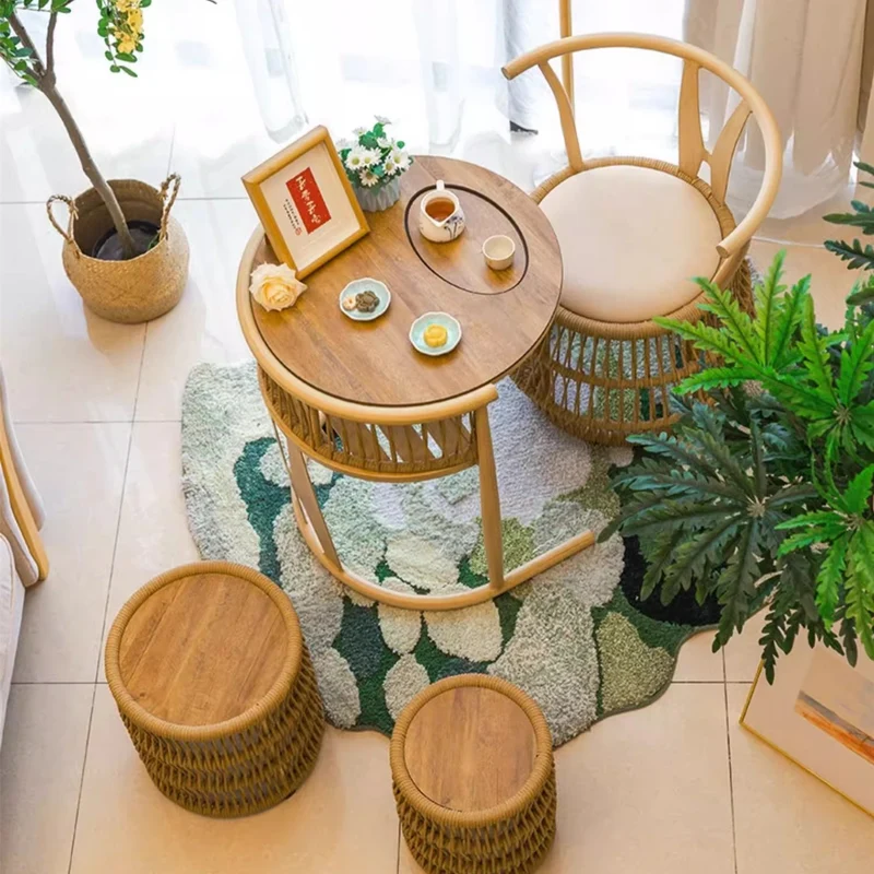 Platzsparender Tisch aus geflochtenem PE-Seil, Aluminiumrahmen, stapelbare Stühle für Veranda, Hinterhof, Balkon, Garten
