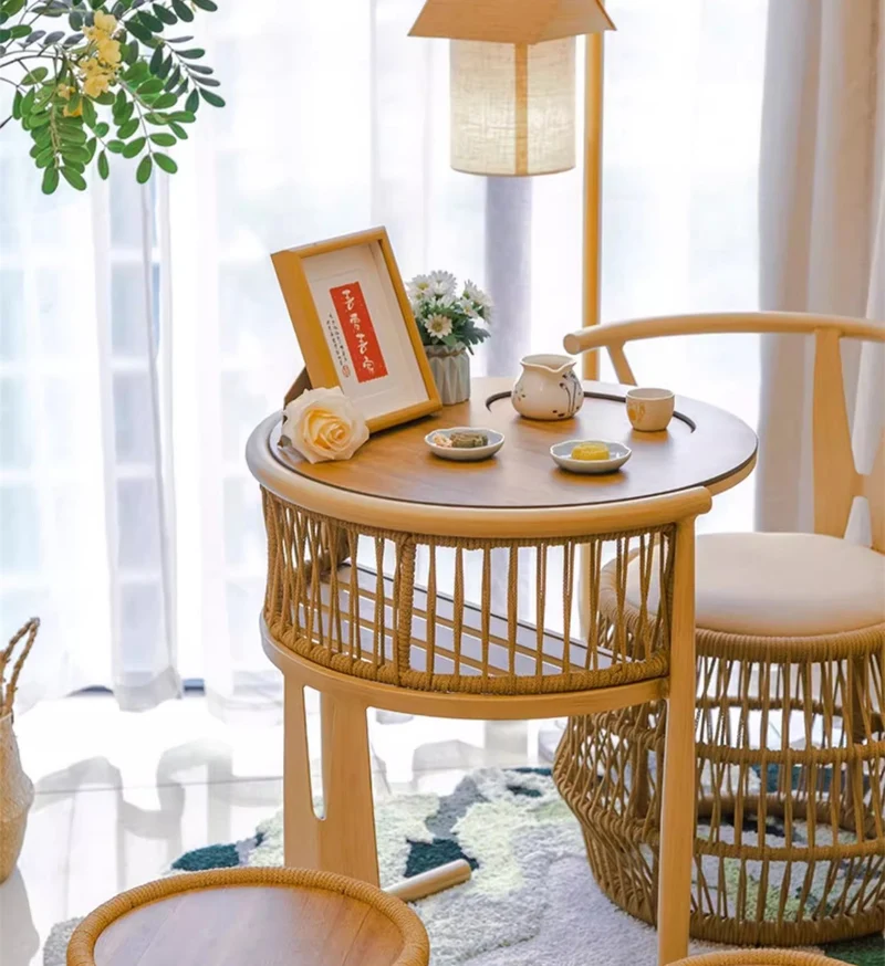 Platzsparender Tisch aus geflochtenem PE-Seil, Aluminiumrahmen, stapelbare Stühle für Veranda, Hinterhof, Balkon, Garten