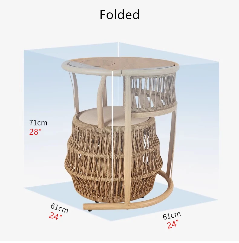 Platzsparender Tisch aus geflochtenem PE-Seil, Aluminiumrahmen, stapelbare Stühle für Veranda, Hinterhof, Balkon, Garten