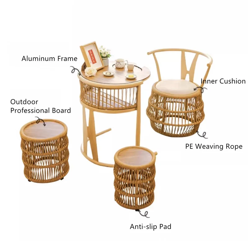 Platzsparender Tisch aus geflochtenem PE-Seil, Aluminiumrahmen, stapelbare Stühle für Veranda, Hinterhof, Balkon, Garten