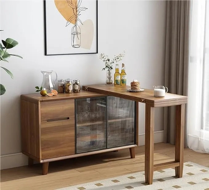 Klappbarer Esstisch und Schrank in einem mit Glasschiebetüren und Aufbewahrungsschubladen