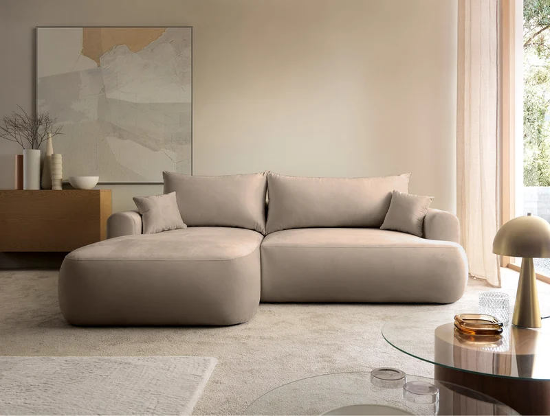 Ecksofa mit Schlaffunktion Ovo, L-förmig, linksseitig, mit Stauraum, beige, pflegeleichter Samtstoff