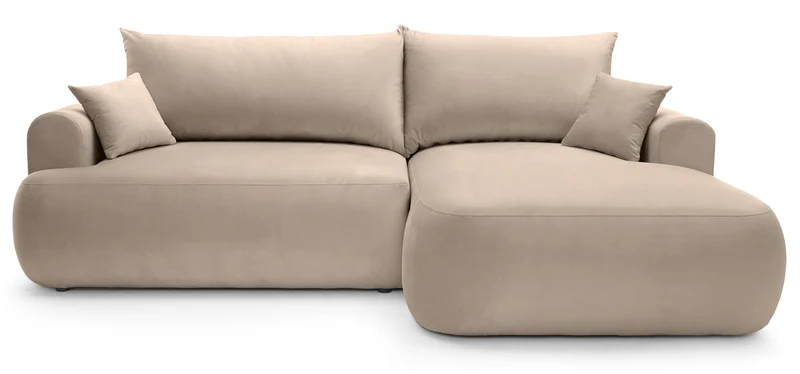 Ecksofa mit Schlaffunktion Ovo, L-förmig, rechtsseitig, mit Stauraum, beige Velours, pflegeleicht