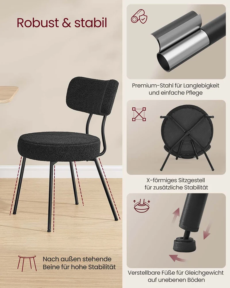 Moderne Esszimmerstühle – 2er-Set – Mit Vlies gepolstert – Runde Sitzfläche mit Rückenlehne