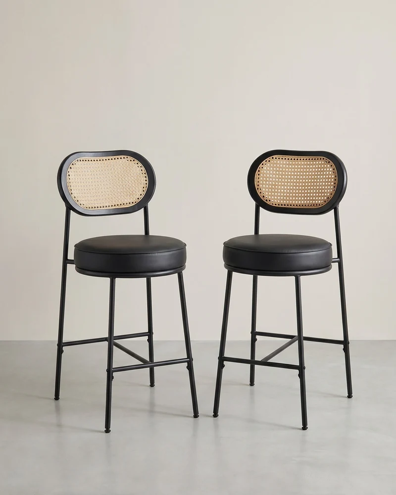 Barhocker 2er Set – BOHO Chic mit Rückenlehne in Rattanoptik – Hoher Sitzkomfort – Für Küche, Bar oder Insel