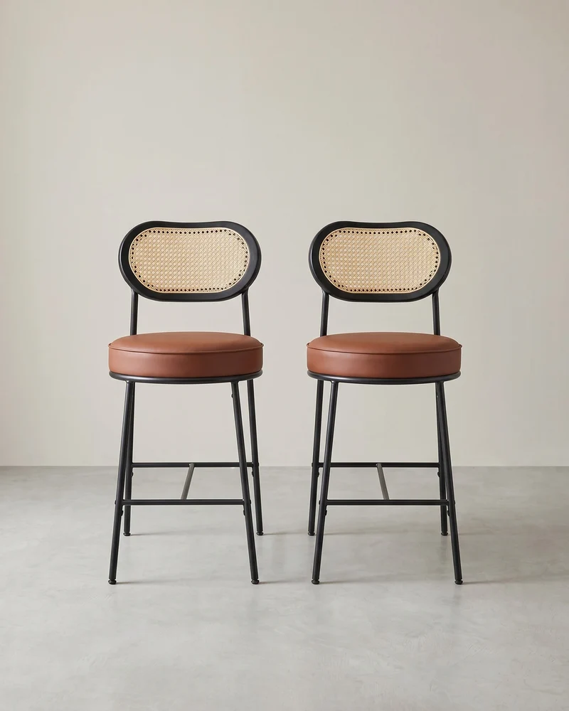 Barhocker 2er Set – BOHO Chic mit Rückenlehne in Rattanoptik – Hoher Sitzkomfort – Für Küche, Bar oder Insel