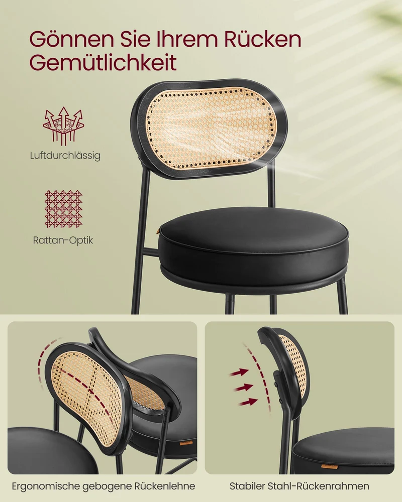Barhocker 2er Set – BOHO Chic mit Rückenlehne in Rattanoptik – Hoher Sitzkomfort – Für Küche, Bar oder Insel