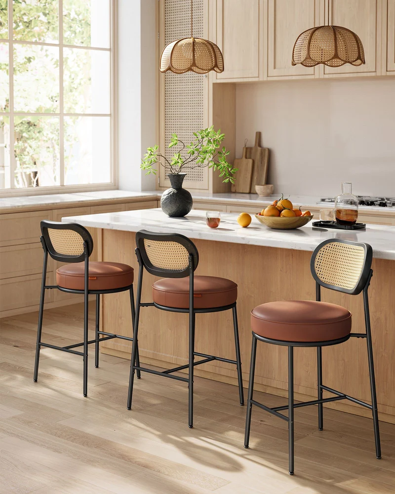 Barhocker 2er Set – BOHO Chic mit Rückenlehne in Rattanoptik – Hoher Sitzkomfort – Für Küche, Bar oder Insel