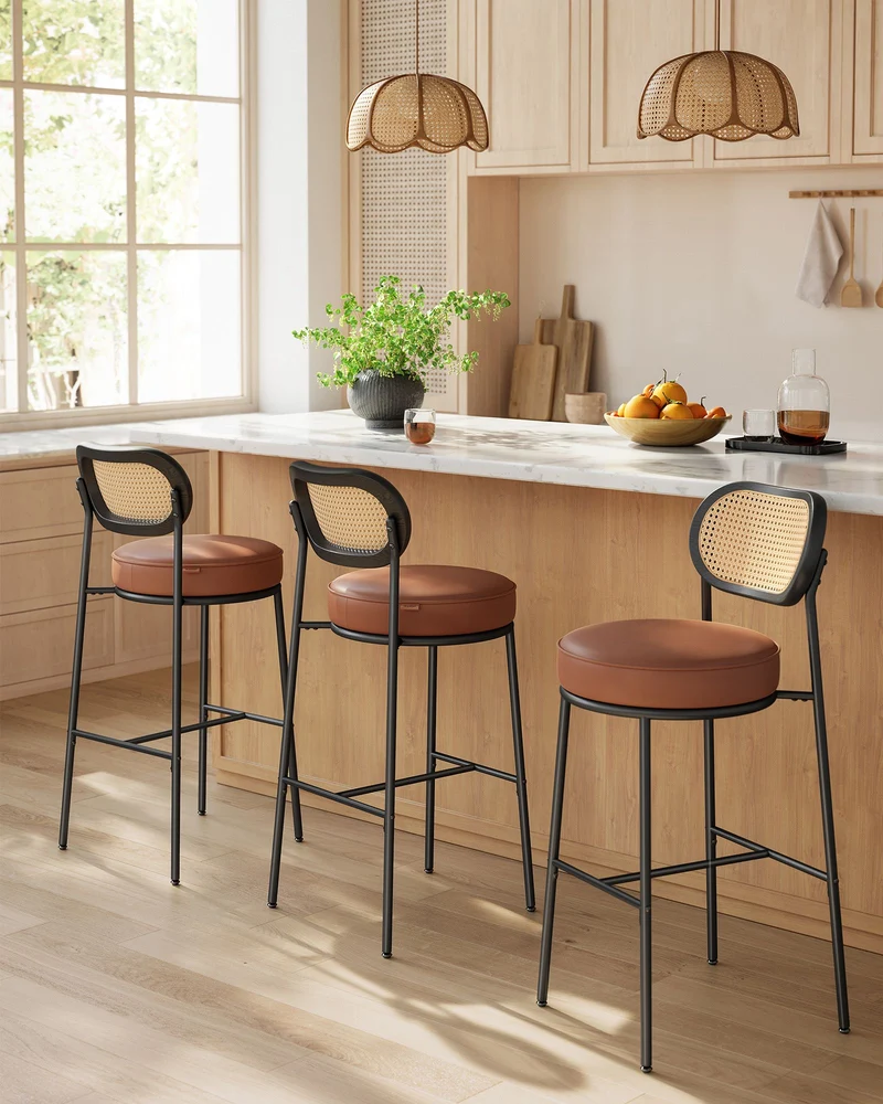 Barhocker 2er Set – BOHO Chic mit Rückenlehne in Rattanoptik – Hoher Sitzkomfort – Für Küche, Bar oder Insel